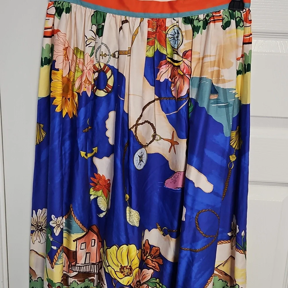 ANTONIO MELANI Evie‎ Cotton A-line Maxi Skirt: Ocean Print: Size-14